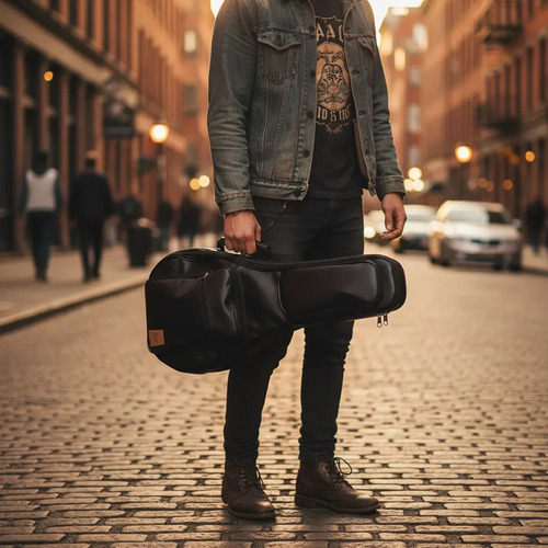 Músico na rua com bag Soler Capas — leve a todo lugar